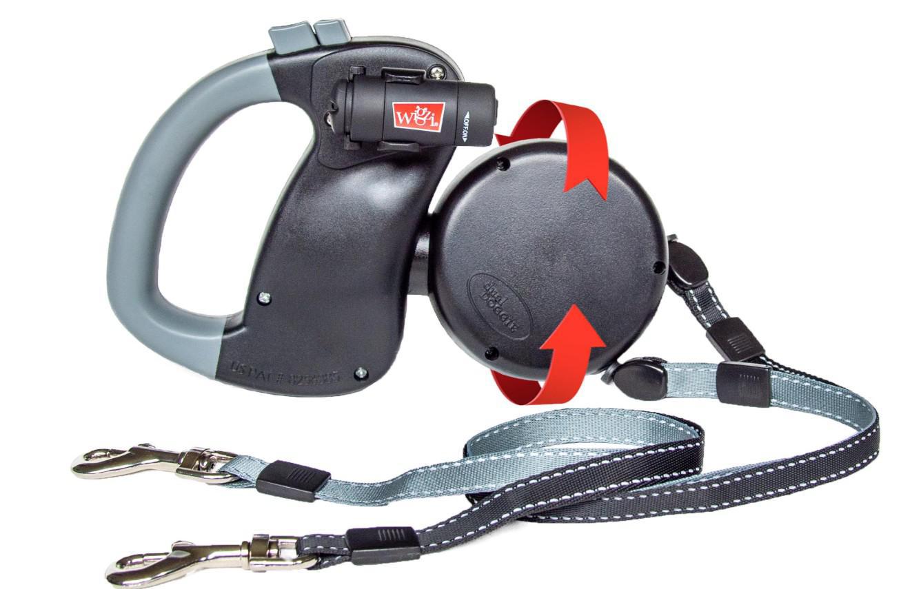 Wigzi Dual Doggie Retractable Leash Black with LED Light & 2 Button Locks