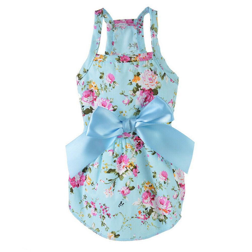 Dress-Blue Cotton Floral with Blue Ribbon - Mr Mochas Pet Supplies
