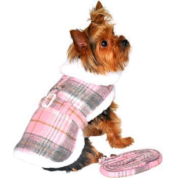 Doggie Design - Sherpa-Lined Dog Harness Coat - Pink & White Plaid