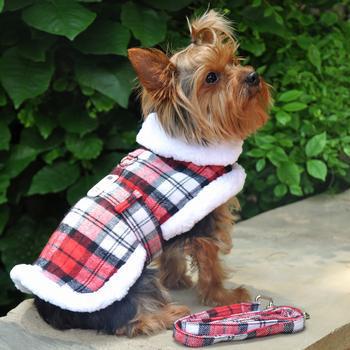 Doggie Design - Sherpa-Lined Dog Harness Coat - Red & White Plaid