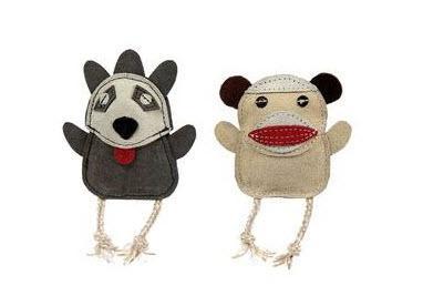HuggleHounds Dog Toy Natural Leather 2 Pack Sock Monkey & Raccoon Mini