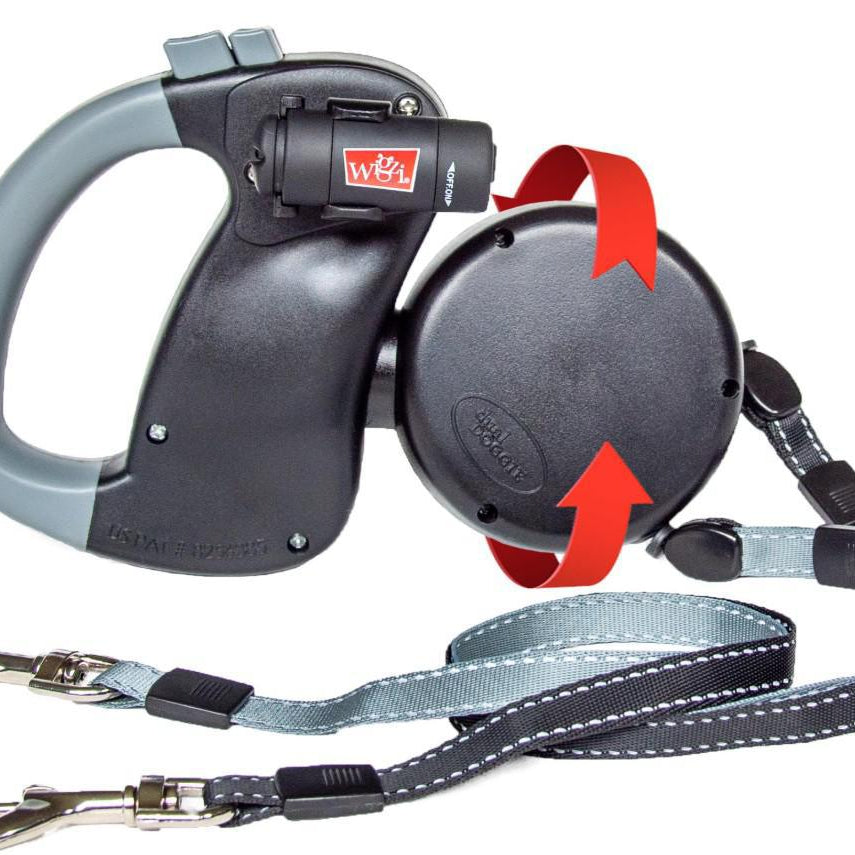 Wigzi Dual Doggie Retractable Leash Black with LED Light & 2 Button Locks