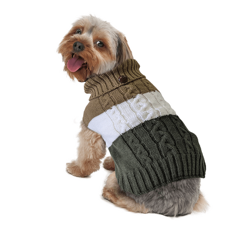 Pet Sweater - Color Block Cable Knit Sweater Caramel Tan & Green