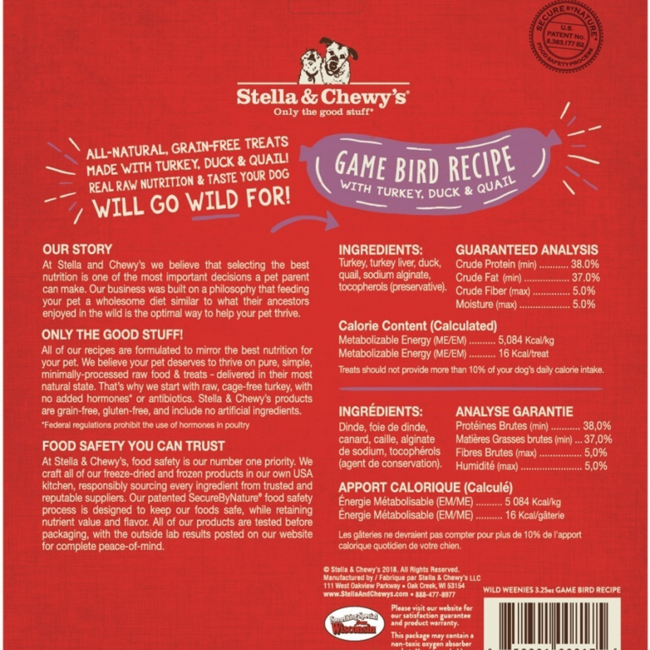 Stella & Chewy's Wild Weenies Grain Free Red Game Bird Recipe Freeze Dried Raw Dog Treats