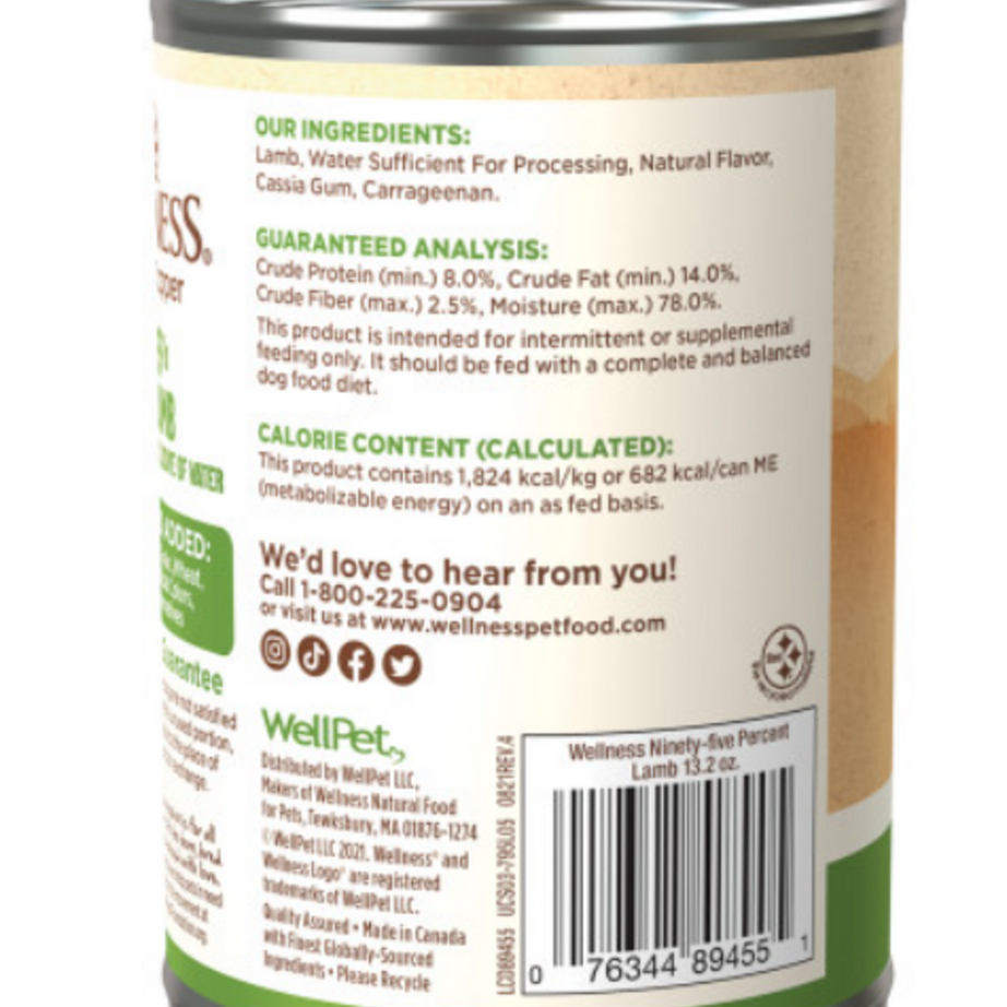 Wellness Natural Grain Free 95%  Lamb Recipe Adult Wet Canned Dog Food