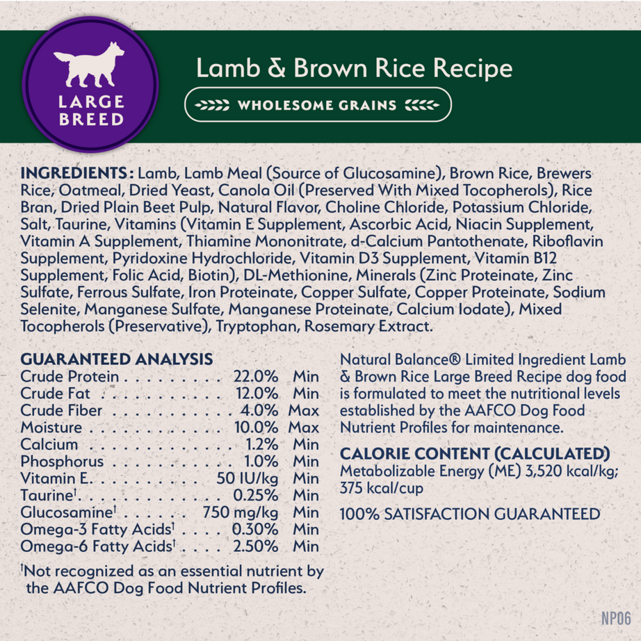 Natural Balance Limited Ingredient Lamb & Brown Rice Large Breed Recipe Dry Dog Food