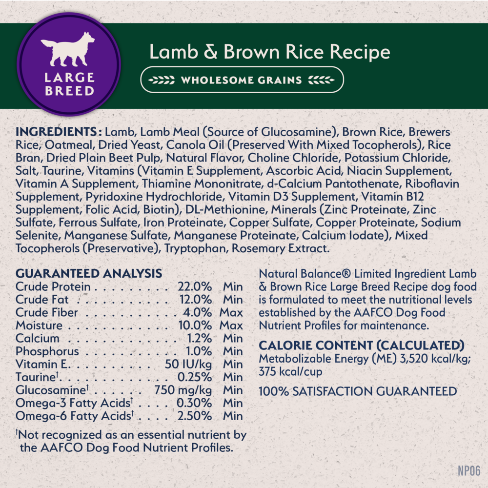 Natural Balance Limited Ingredient Dry Dog Food, Large Breed Lamb & Brown Rice Recipe