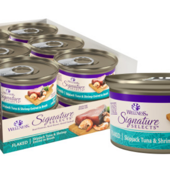 Wellness Signature Selects Grain Free Natural Skipjack Tuna with Shrimp Entree in Broth Wet Canned Cat Food