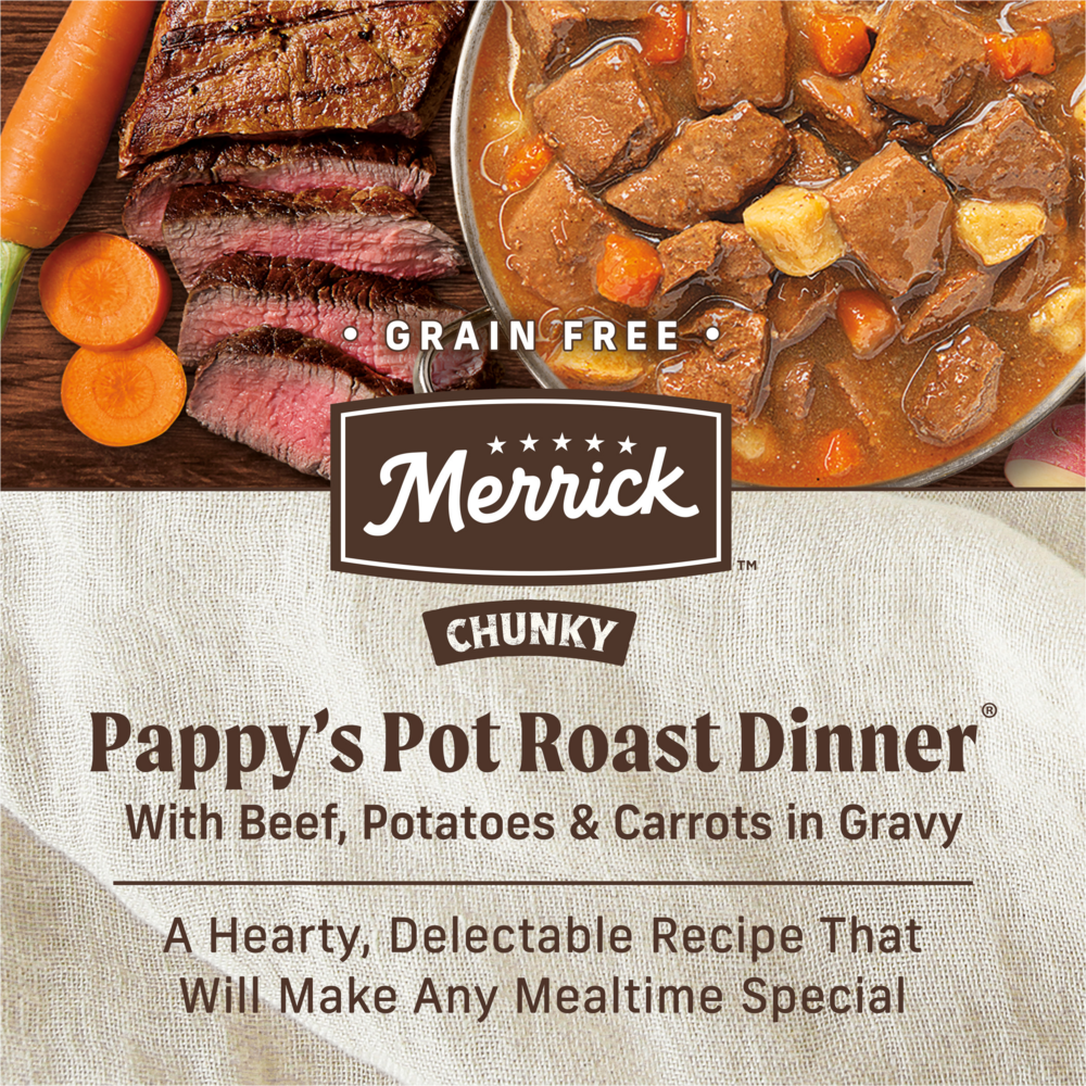 Merrick Chunky Grain Free Premium And Wholesome Canned Dog Food, Real Meat Pappys Pot Roast Dinner In Gravy