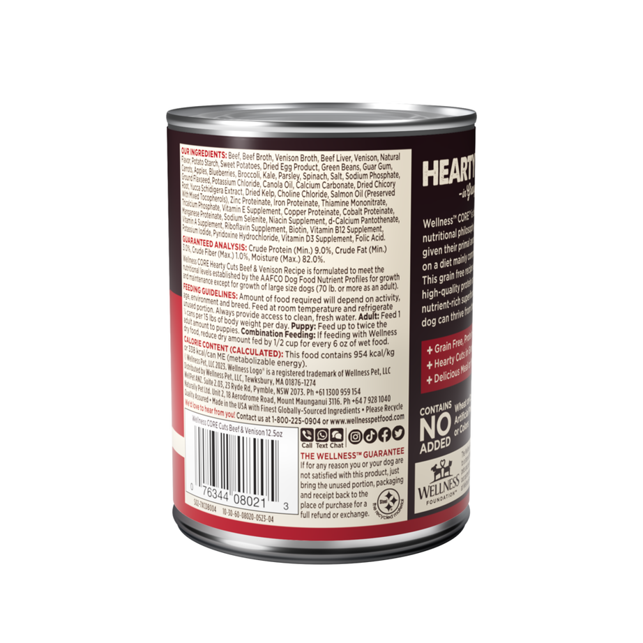 Wellness CORE Natural Grain Free Hearty Cuts Beef and Venison Canned Dog Food