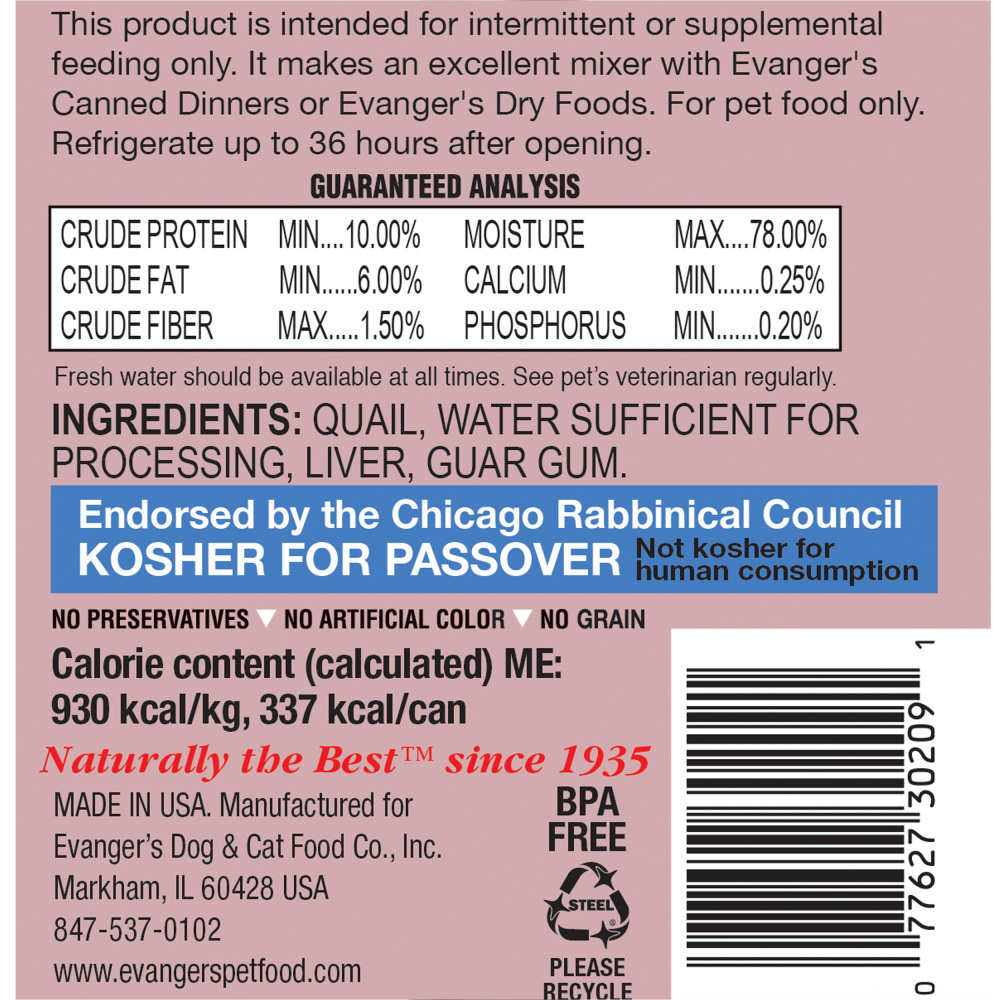 Evanger's Grain Free Quail Canned Food for Dogs and Cats