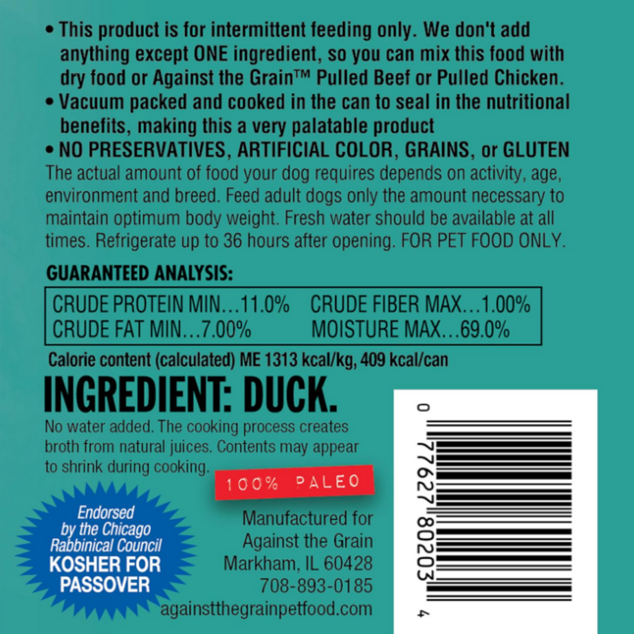 Against the Grain Nothing Else Grain Free One Ingredient 100% Duck Canned Dog Food