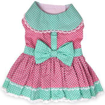 Doggie Design -  Polka Dog and Lace Dog Dress with Matching Leash - Pink & Teal