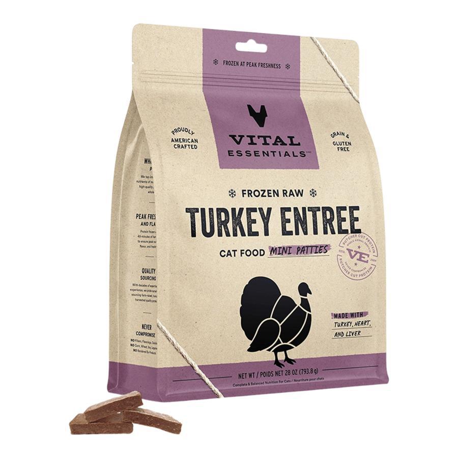 VITAL ESSENTIALS CAT FROZEN GRAIN FREE RAW TURKEY MINI PATTIES 28 OZ