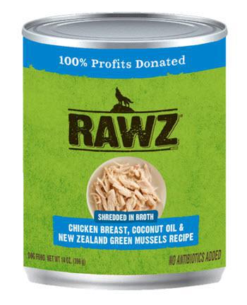 Rawz Dog Can GF Shredded Chicken Breast, Coconut Oil & NZ Green Mussels 14oz