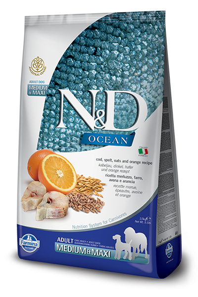 Farmina Ocean N&D Natural & Delicious Medium & Maxi Adult Cod, Spelt, Oats & Orange Dry Dog Food - Mr Mochas Pet Supplies