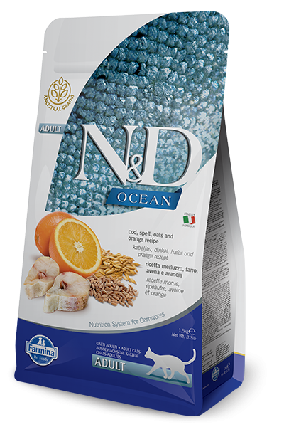 Farmina Ocean N&D Natural & Delicious Adult Cod, Spelt, Oats & Orange Dry Cat Food - Mr Mochas Pet Supplies