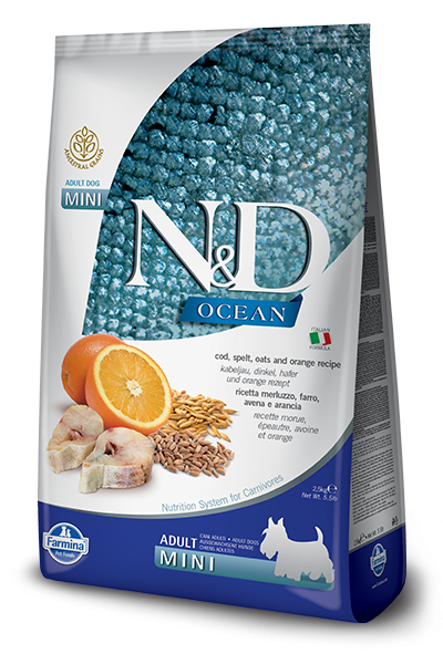 Farmina Ocean N&D Natural & Delicious Ancestral Grain Mini Adult Cod, Spelt, Oats & Orange Dry Dog Food - Mr Mochas Pet Supplies